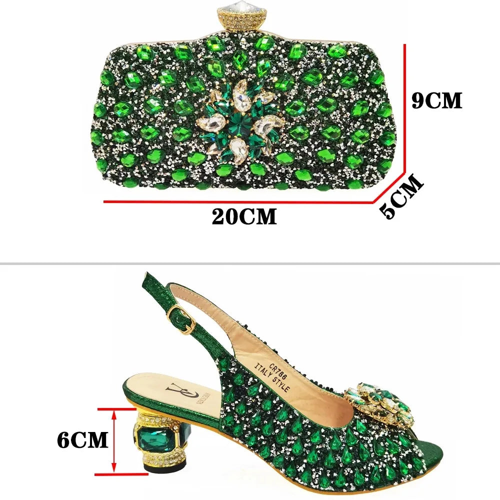 High Quality Green Color Pointed Toe Hot Selling 2024 Nigerian Ladies Shoes Matching Bag Set For Luxury Wedding Party Pump