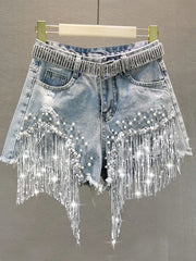 Waist Beads Tassel Women's Denim Shorts Summer Beading Wide Leg Thin