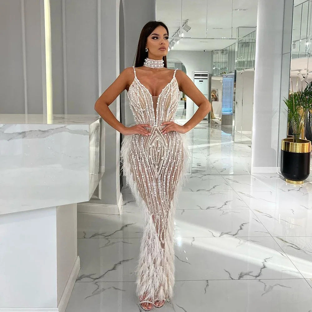 Homecoming Dresses: Spaghetti Strap Beaded Feather Evening Dresses