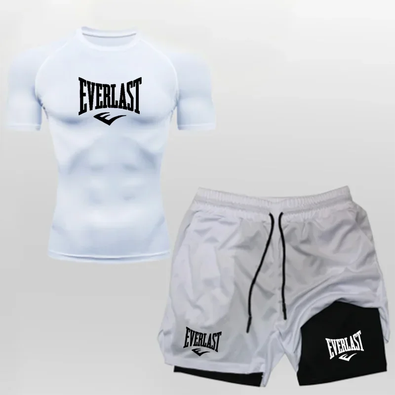 EVERLAST Men's Compress Shirt + 2-in-1 sports shorts 2pcs Set Leisure Breath Short Sleeve Sport Jogging Gym Brand Print Clothing