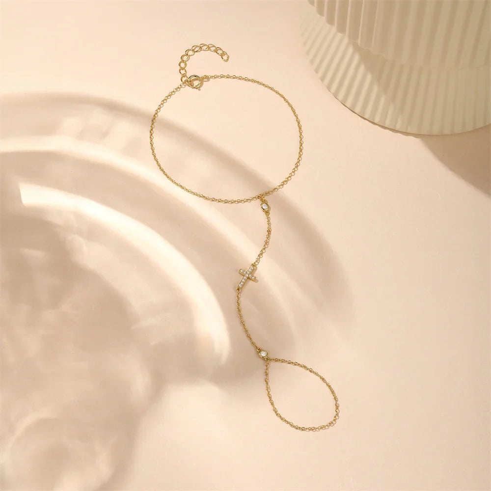 CANNER 925 Sterling Silver Flower Clover CZ Finger Ring Chain Bracelet For Women Ins Hand Chain Horse Eye Jewelry Party Gift