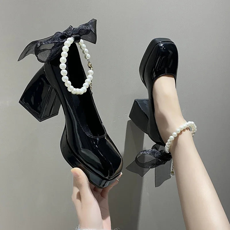 Ladies High Heels Elegant Bow Square Toe Black Fashion Women's Pumps Thick Heel Wedding Party Pearl Lace Wedding Shoes for Women