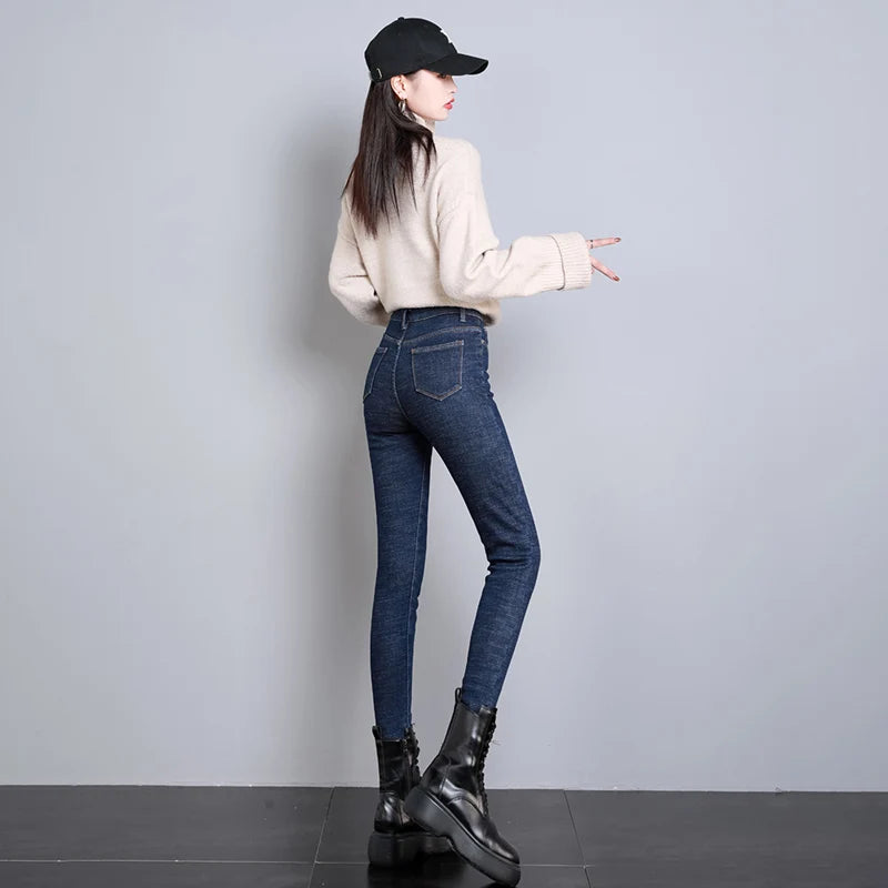 Women Thick Velvet High Waist Skinny Jeans Winter Warm Plush Stretch Snow Jeans