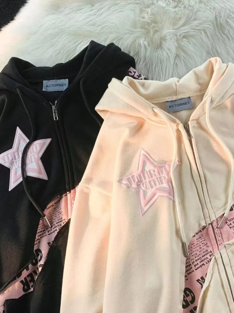 Deeptown Vintage Zip Up Hoodies Women Harajuku Hip Hop Letter Print Coats