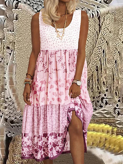 Plus Size Casual Women Summer Midi Dress 5XL 2023 Large Size Floral Print Sleeveless Crewneck A Line Boho Beach Dresses