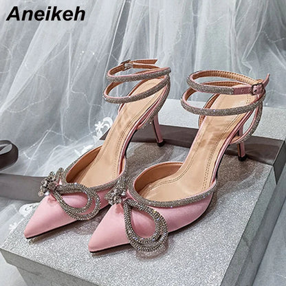 Aneikeh PVC Style Glitter Rhinestones Women Pumps Crystal Bowknot Satin Lady Silk High Heels Party Shoes 2024 Spring Size 35-42