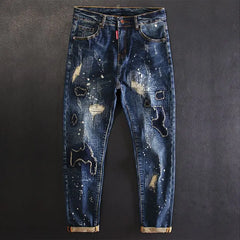 Jeans for Men Cropped Ripped Tapered Male Cowboy Pants with Holes Trousers