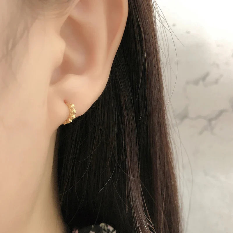 WANTME 925 Sterling Silver Simple Fashion Glossy Beads Gold Huggies Hoop Earrings for Women Gothic Piercing Jewelry Accessories