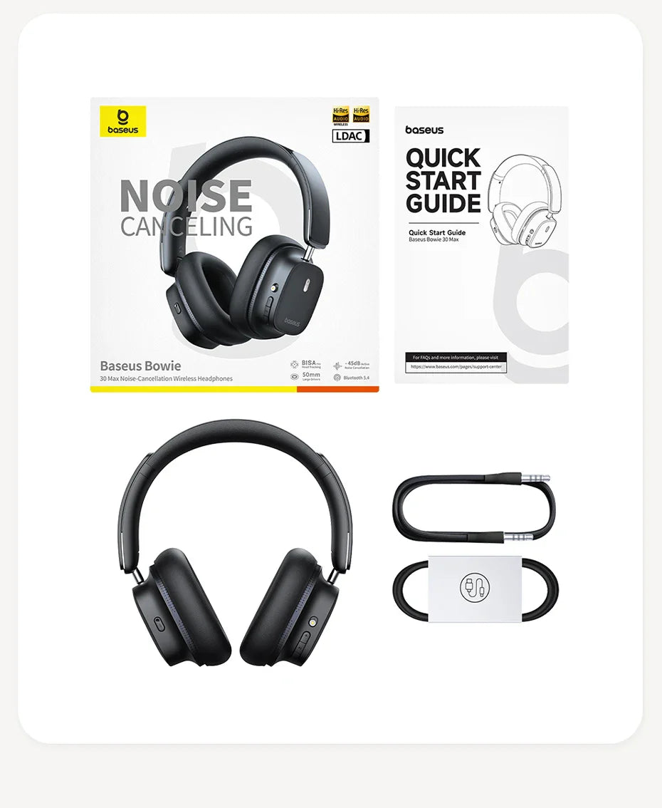 Baseus Bowie 30 Max Bluetooth Headphones 45dB Noise Cancellation Hi-res LDAC Over Ear Headset 3D Spatial Audio Wireless Earphone