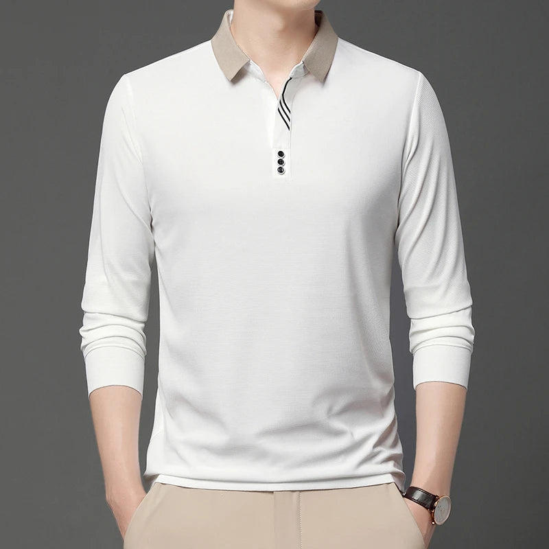 New Men's Business Casual Long Sleeved Shirt Solid Color Polo Shirt Fashionable Breathable Comfortable Versatile Top