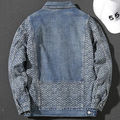 Male Jean Coats Spliced Geometric Autumn Men's Denim Jacket Blue Wide Shoulders