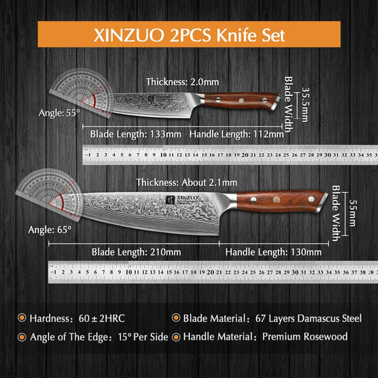 2PCS Chef Kitchen Knife Set VG10 Damascus Steel Chef Utility Knives