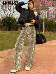 Y2K Women Leopard Print Jeans Trousers Fashion Casual Loose Wide Leg Pants