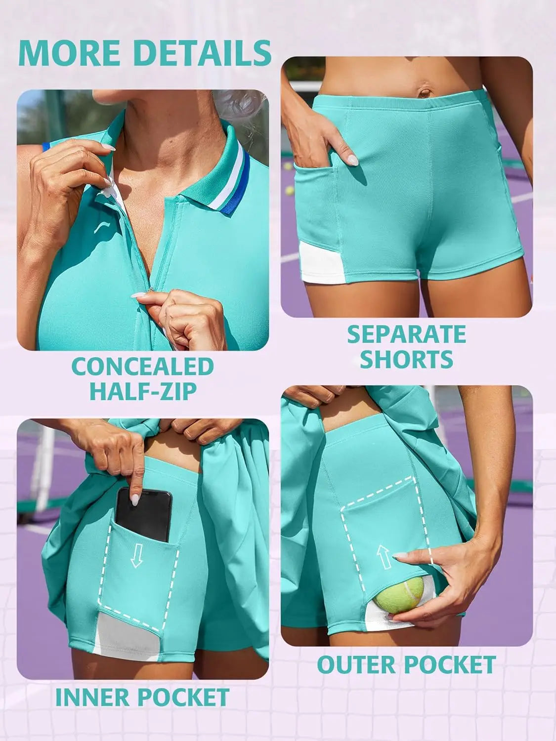 Anfilia Women Tennis Dress Polo Half Zipper Pleated with Built in Bra Separate Shorts One-Piece Slim Fit with Pockets Golf Dress