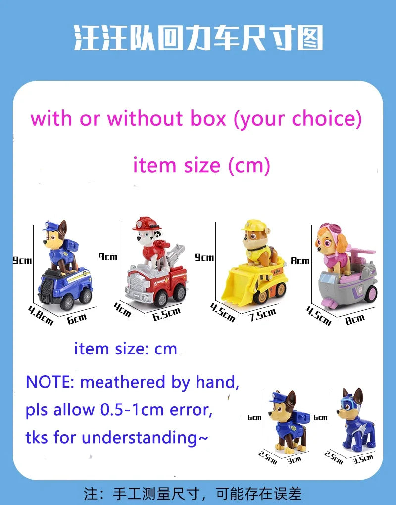 100% Original Paw Patrol 4PCS Vehicle Chase Skye Marshall Pull Back Cars Playset Kids Action Figure Children Toys Birthday Gift