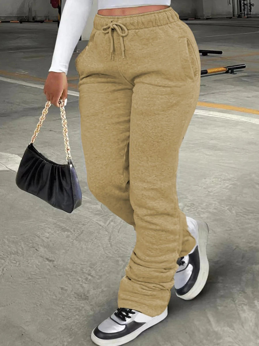 Plus Size Plain Pocket Sweatpants Mid Waist Drawstring Ruched Women Pants