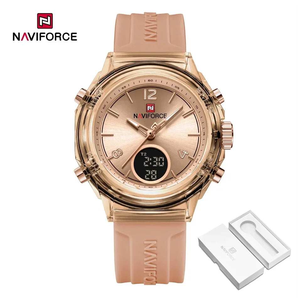 NAVIFORCE Luxury Women's Watch Gold Outdoor Sports Waterproof Watches Dual Time Display Quartz Wristwatches Rubber Digital Clock