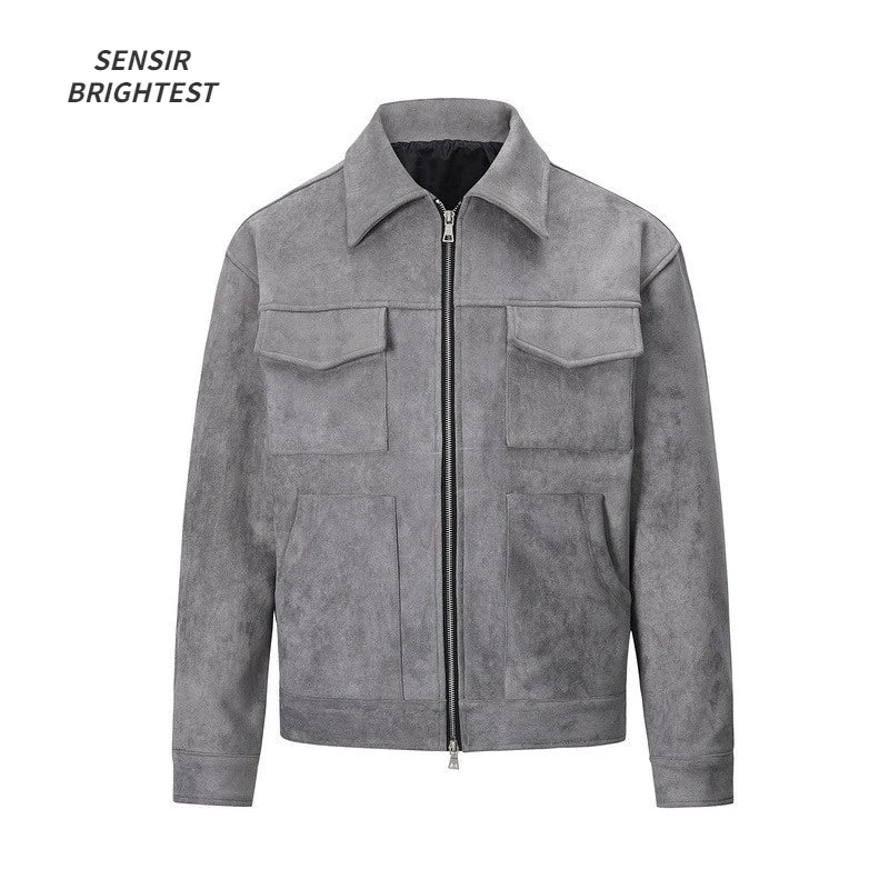 Autumn Jackets Casual Clothes High Street Pockets Laper Zipper Suede Thick Coat