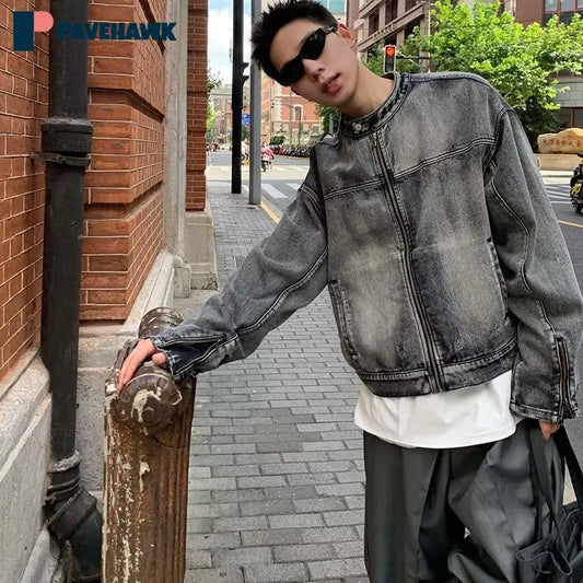 High Street Black Wash Denim Jackets Men Woman Vintage Loose Zipper Design