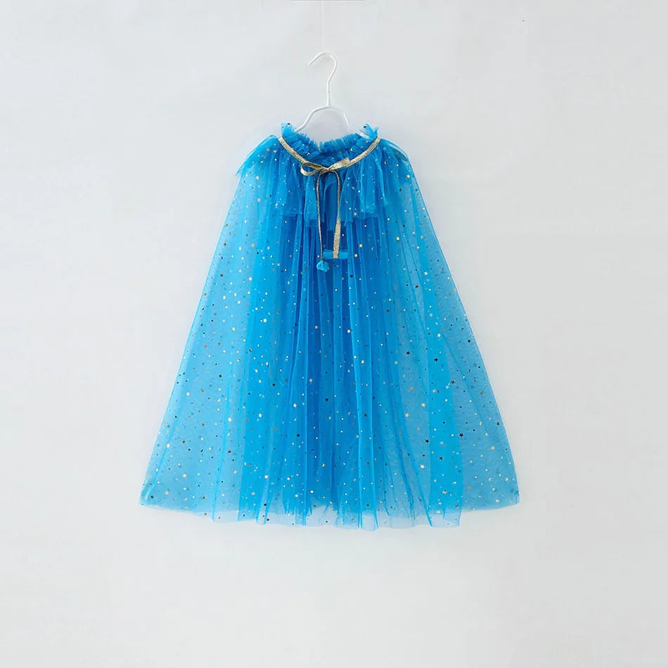 Little Girls Sequins Tulle Cape Children Princess Party Dress Up Cloaks Summer Thin Blue Pink White Halloween Birthday Costumes