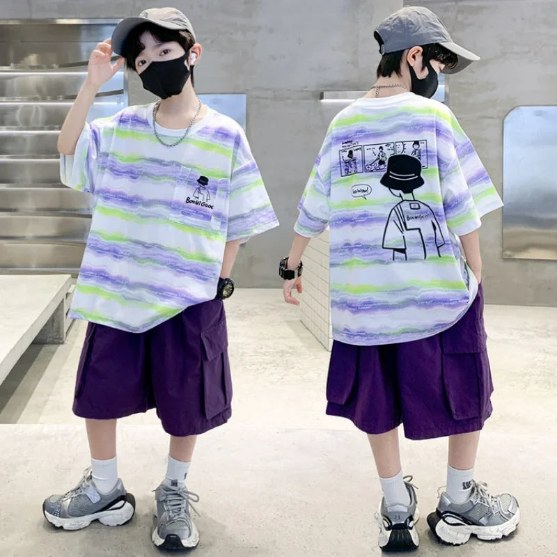2025 Summer Boys' 2-Piece Set: Tie-Dye Striped Short Sleeve with Cartoon Back Graphic & Matching Shorts - 2 Color Options