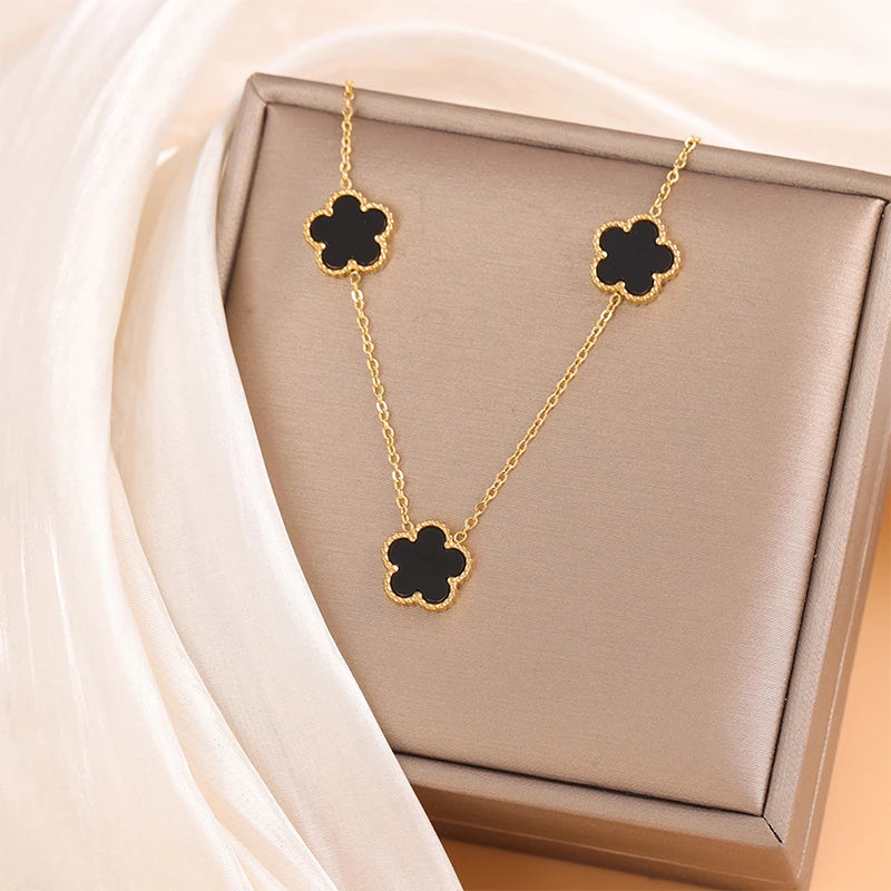 14K Gold Plated Stainless Steel Necklace Woman Five Leaf Petals Double Sided Necklaces