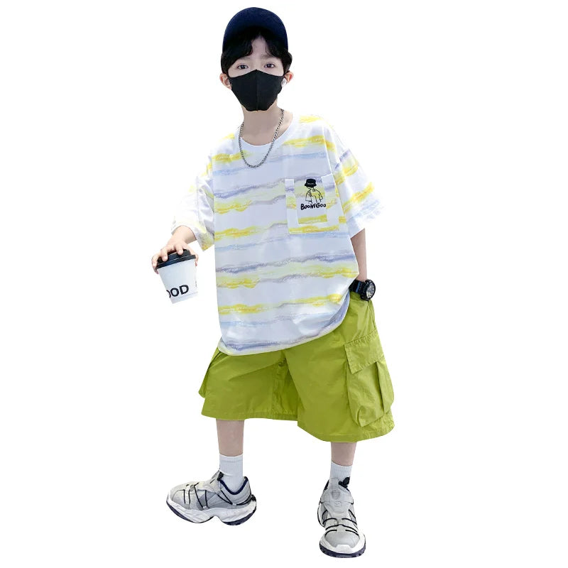 2025 Summer Boys' 2-Piece Set: Tie-Dye Striped Short Sleeve with Cartoon Back Graphic & Matching Shorts - 2 Color Options
