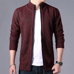 Men's Plush Thickened Knitted Jacket Vertical Neck Zipper Sweater Cardigan