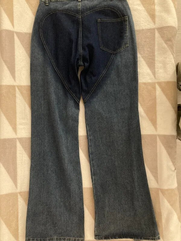 Women Streetwear Cutout Hollow Out Criss Cross Straight Flare Denim Pants