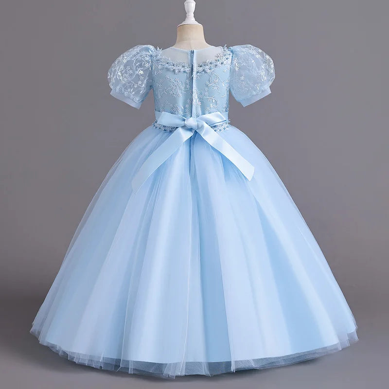 Children's Dress for Girls' 4-12 years old Princess Sequin Bubble Sleeve Long Mesh Flower Girl Wedding Little Summer