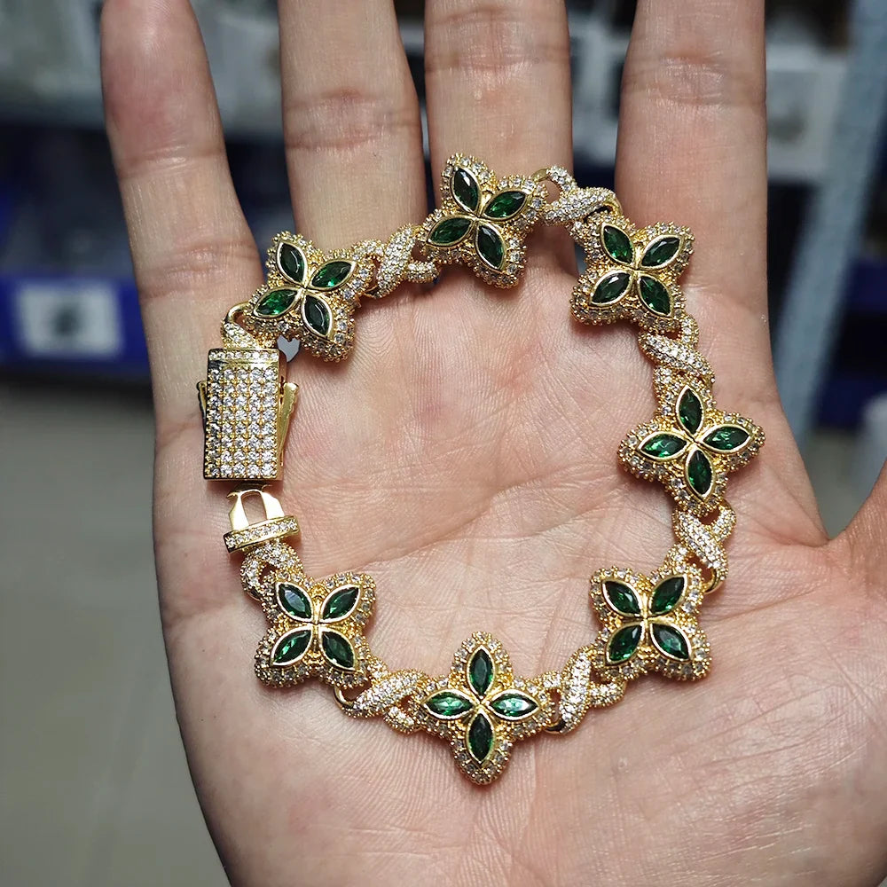 UWIN Iced Baby Blue Baguettecz Floral Infinity Bracelets for Women Men Cubic Zirconia Cuban Link Chain Anklets Fashion Jewelry