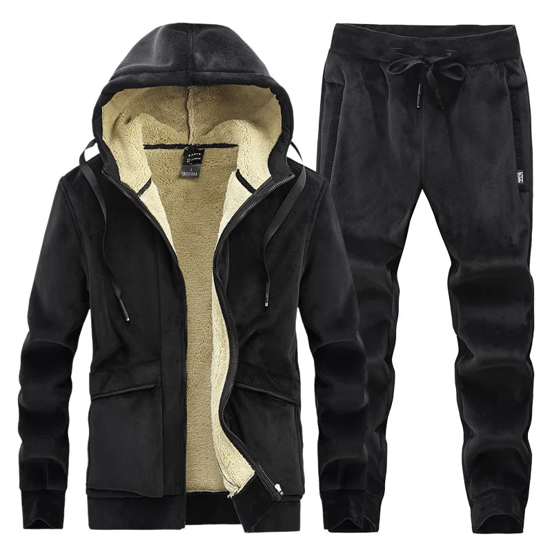 Mens Fleece Warm Tracksuit Male Winter Warm Hooded Fashion Sets Mens Hoodies + Pants Sportswear Sets WinterThick Set