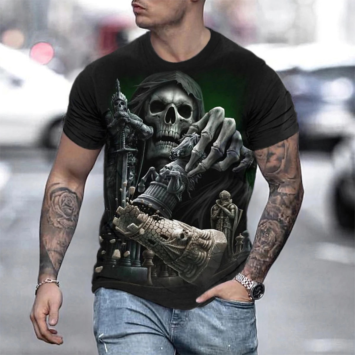 Men's Black Street Style T-shirt 3D Gothic Skull Printed Round Neck Short Sleeve Halloween Fashion Casual Top