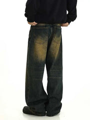 Plus Size Green Wash Baggy Jeans Men Adjust-waist Wide Leg