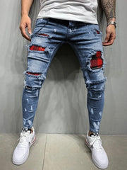 Distress Plaid Patch Holes Streetwear Ripped Skinny Jeans Men Biker Slim Elastic