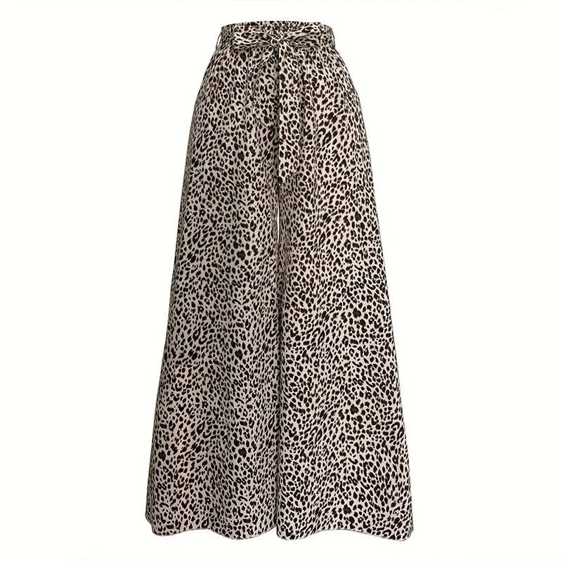 Fashion Vintage Leopard Print Wide-leg Pants Women Casual High-waisted Trouser
