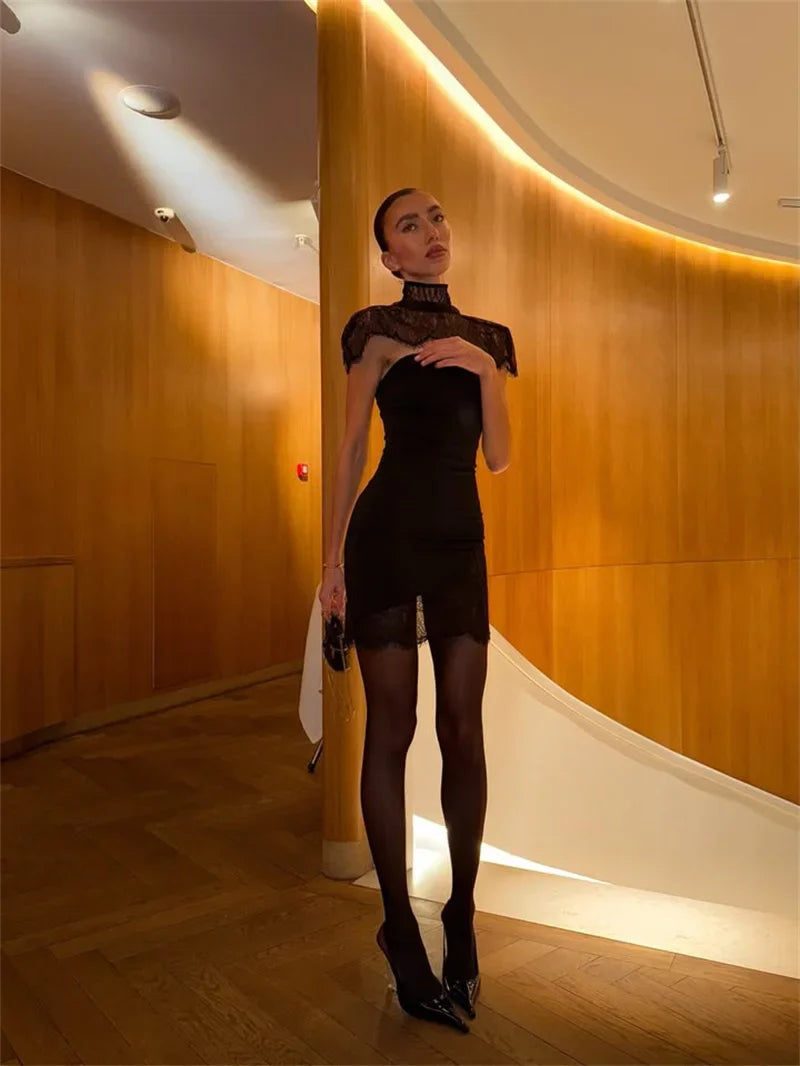 Mozision Lace Backless Sexy Mini Dress Women Gown Elegant See Through Turtleneck Sleeveless Bodycon Club Party Dresses Female