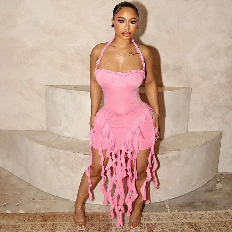 Hugcitar Elegant Halter Solid Ruffles Backless Taseel Sexy Slim Mini Dress Spring Women Cute Outfits Birthday Party Vacation