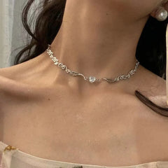 Silver Color Irregular Choker Necklace for Women Love Heart Crystal Clavicle Chain