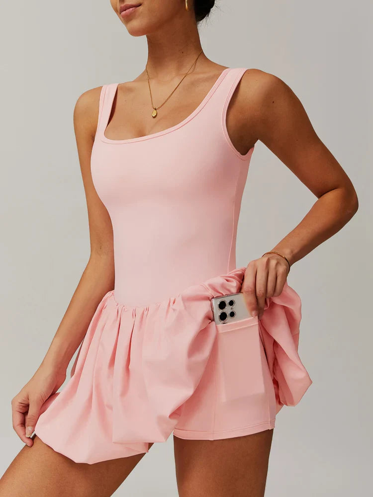 VITALINOVO Workout Tennis Dress with Built in Shorts Square Neck Padded Workout Dress with Pockets Golf Athletic Mini Dresses