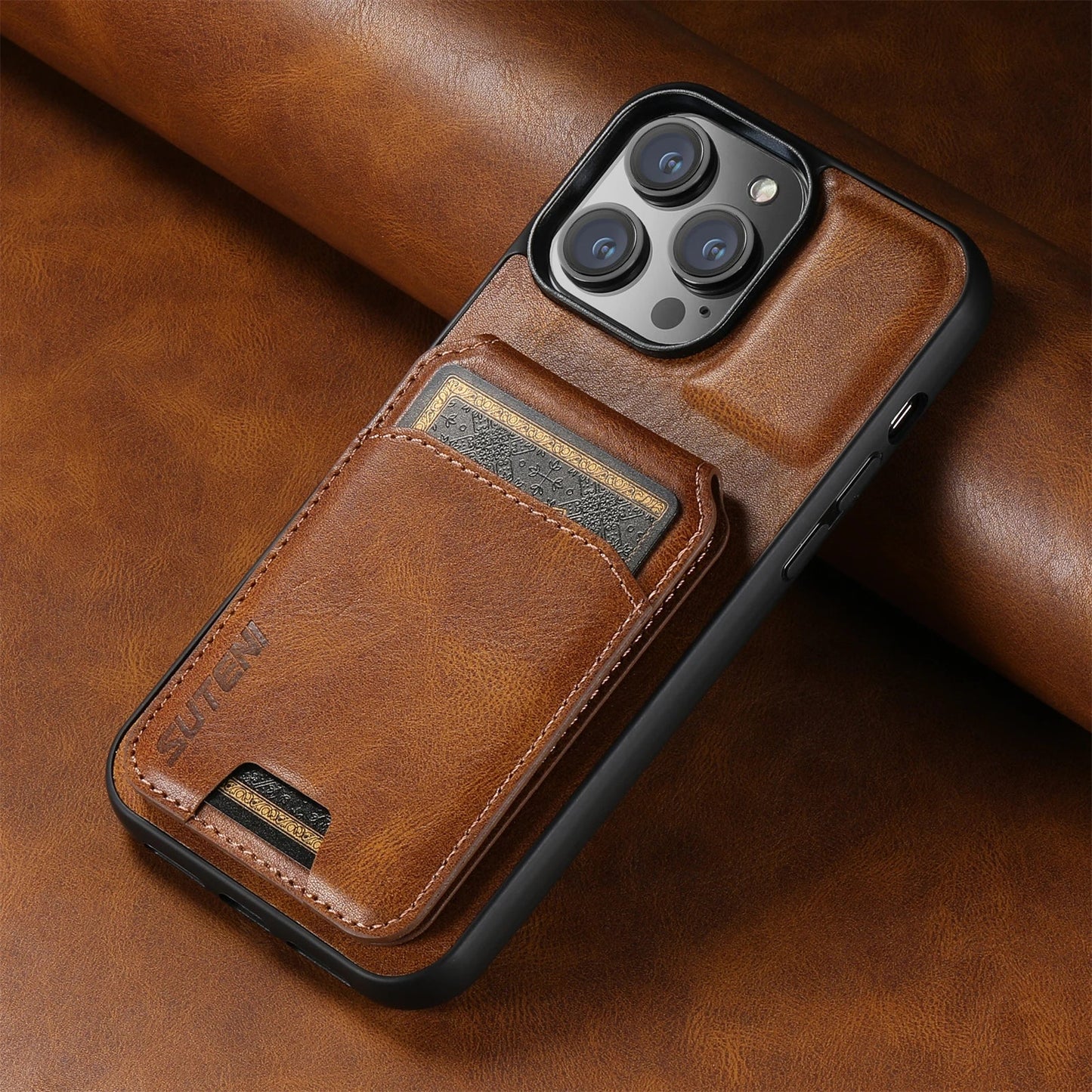 SUTENI Luxury Leather Card Holder Phone Case Wallet Kickstand Cover For iPhone 17 16 15 14 13 12 11 Pro Plus Max X Xs XR