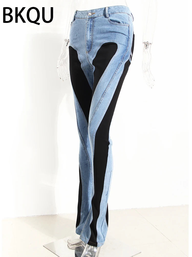 Elastic Skinny Pencil Jeans Women Y2K High Waisted Contract Color