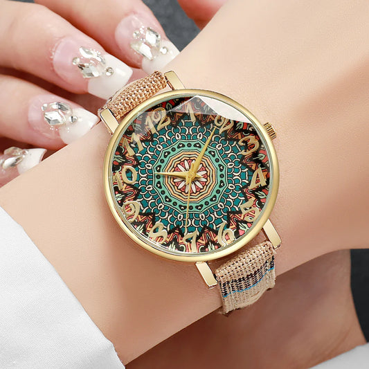 1/2/3/5PCS Fashion Women Watches Vintage Flowers Printed PU Strap Quartz Watch for Women Clock Gift Reloj Mujer（Without Box）