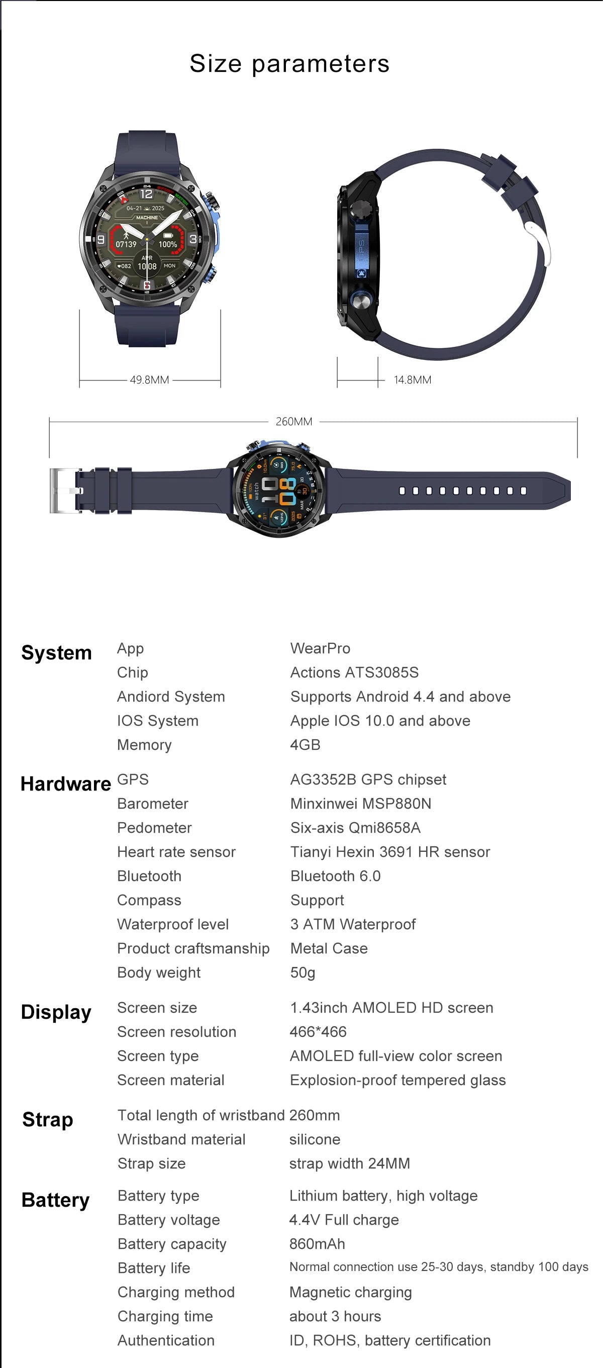 2025New Men Military GPS Map Smart Watch T-Rex3 Compass 4GB Memory 1000mAh Battery 10ATM Waterproof HD Bluetooth Call Smartwatch