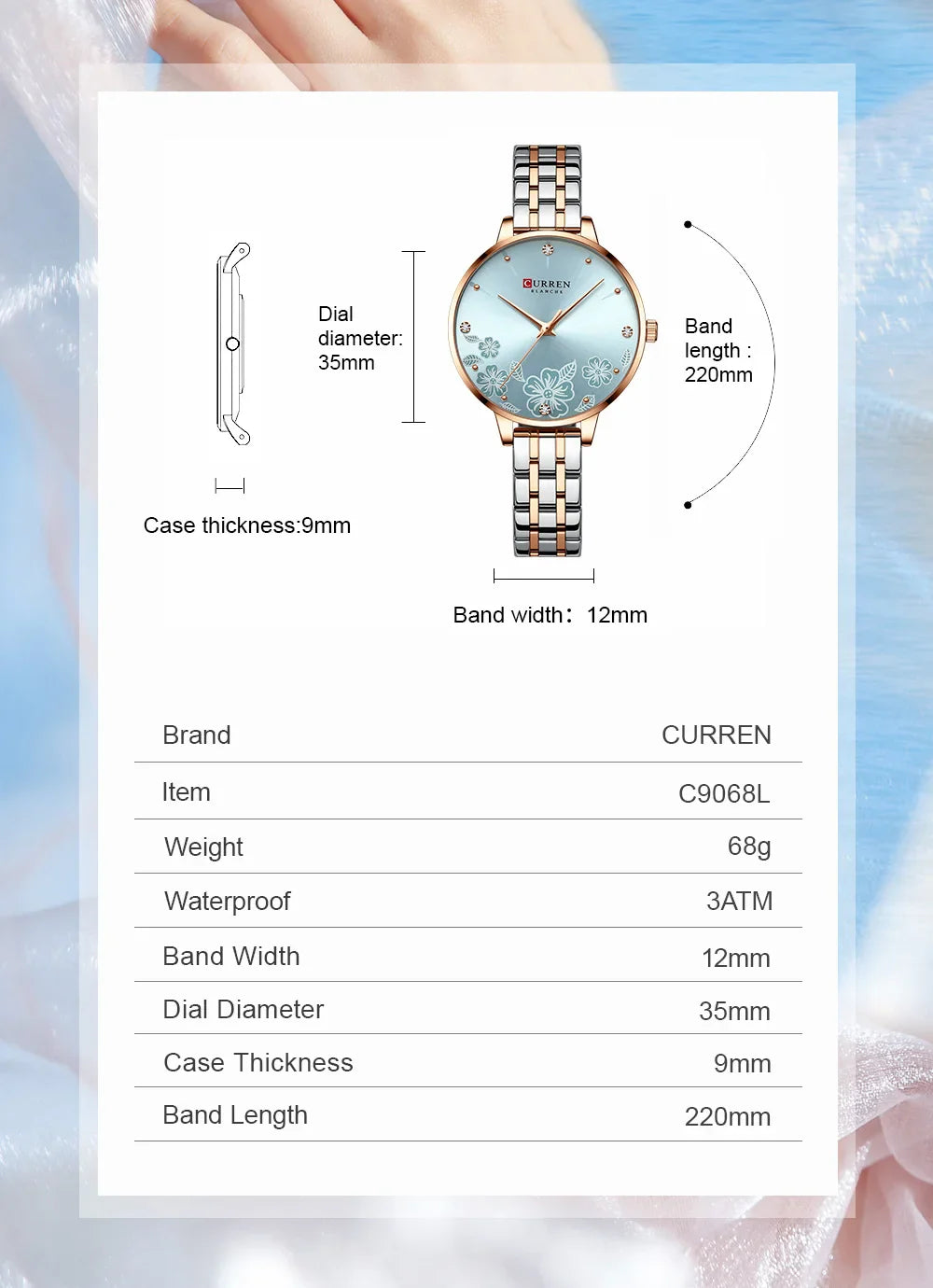 CURREN Fashion Quartz Wristwatches for Women Simple Stainless Steel Watch Bracelet with Flower Design Dial