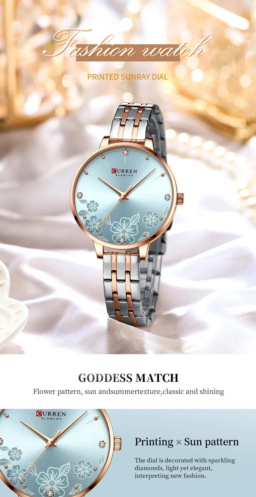 CURREN Fashion Quartz Wristwatches for Women Simple Stainless Steel Watch Bracelet with Flower Design Dial