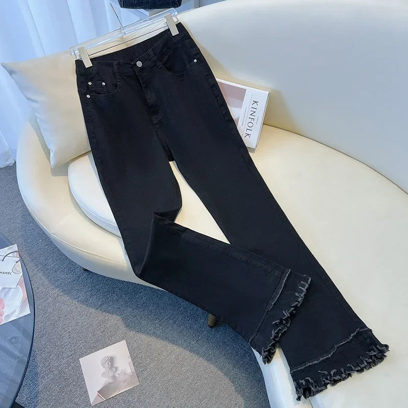 Plus Size Flared Y2K Jeans For Women Large Slim Elastic Cotton Blue Tassel Denim