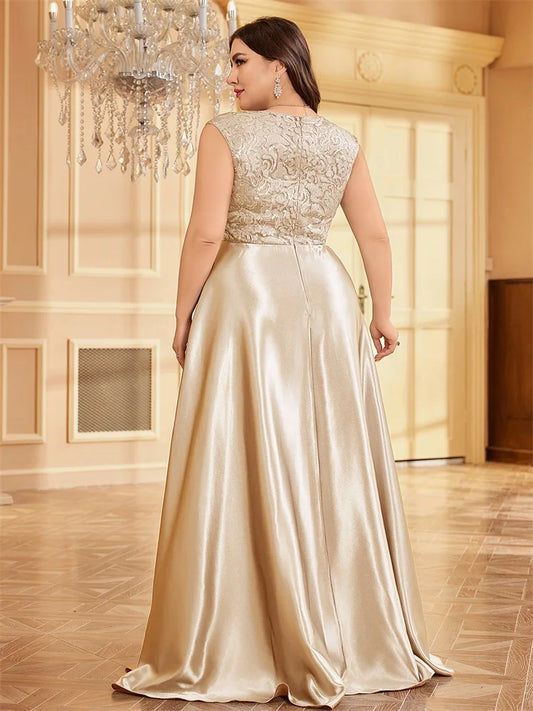 Plus Size Luxury Gold Satin V-Neck Evening Dress Women