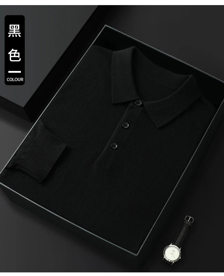 Spring Autumn Men Shirt  Merino Worsted Wool Knitted Pullover Long Sleeve Polo-Collar Clothing Tops Smart Casual Thin Outerwears