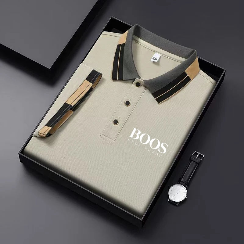 Men'S New Embroidered Short Sleeved Striped Grid Polo Shirt, Business Casual Fashionable Breathable Clothing, Youthful Fashion,